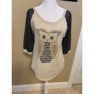 Mauve Open Knit Sheer Sleeved Studded Owl Design Top, Medium
